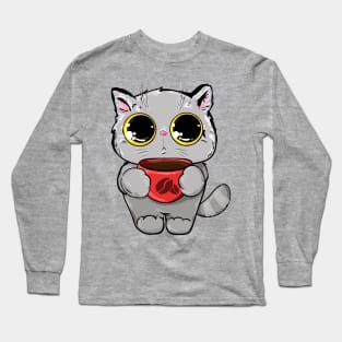 cat with cup coffee Long Sleeve T-Shirt